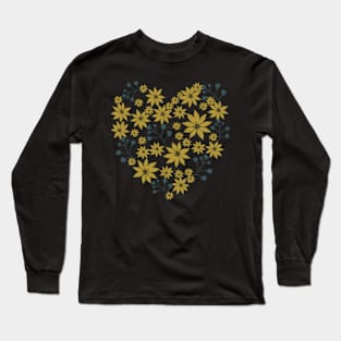 Mustard and Teal Botanical Pattern Long Sleeve T-Shirt